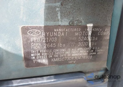 2003 Hyundai Santa Fe Gls/Lx z USA, uszkodzony, nr VIN KM8SC73DX3U476918